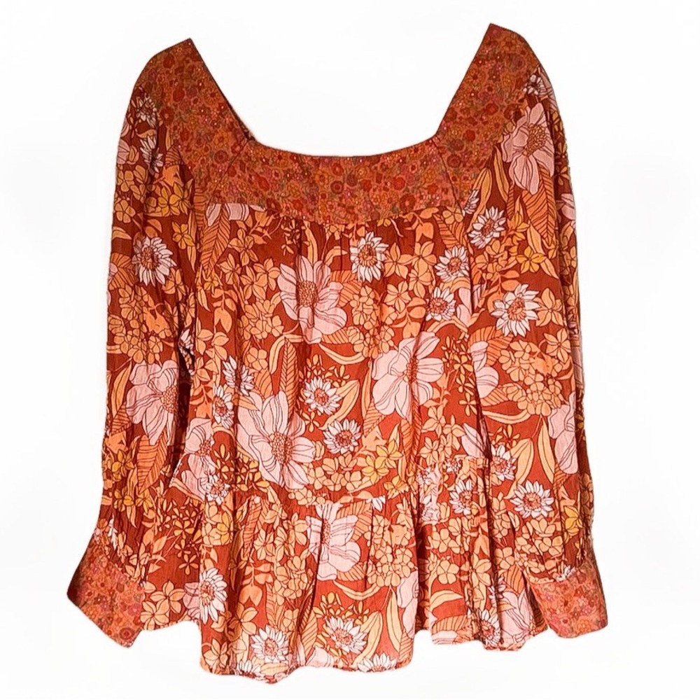 American Eagle Women’s Large Boho Floral Square-Neck Peasant Top - Rust Orange